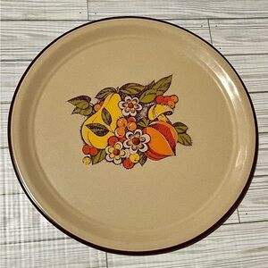 Vintage MCM Round Enamel Serving Tray With Harvest Fruit Pattern